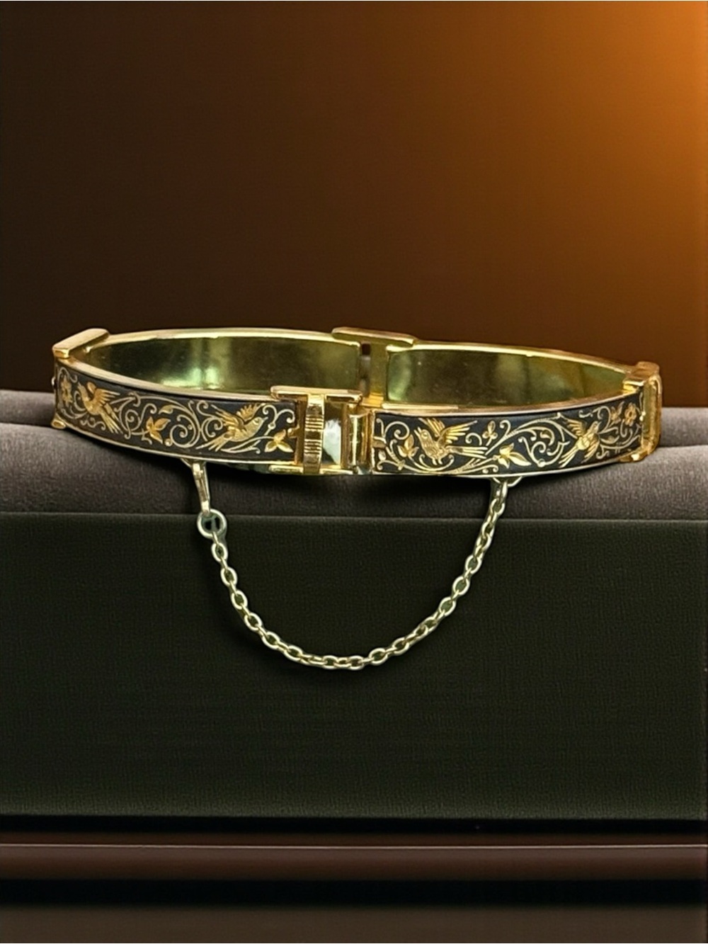 Vintage Toledo Damascene Bracelet Birds & Floral Motif Black Gold Tone Spain